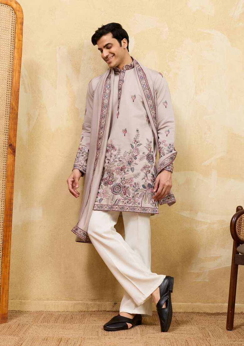 Ivory Embroidered Silk Kurta With Dupatta For Men - Indya