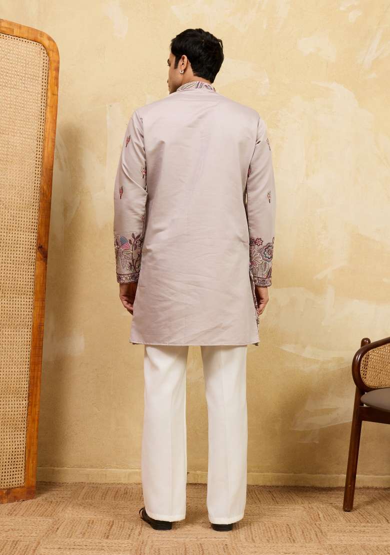Ivory Embroidered Silk Kurta With Dupatta For Men - Indya