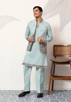 Pista Green Embroidered Silk Blend Kurta Jacket For Men