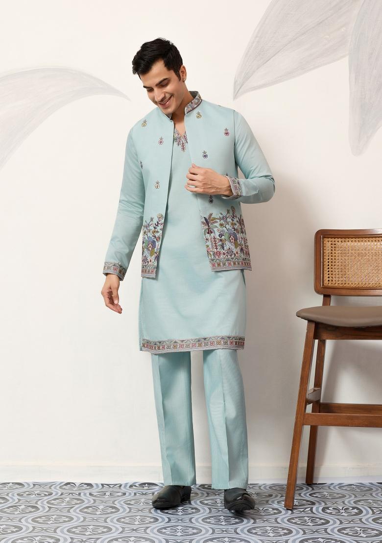 Pista Green Embroidered Silk Blend Kurta Jacket For Men - Indya