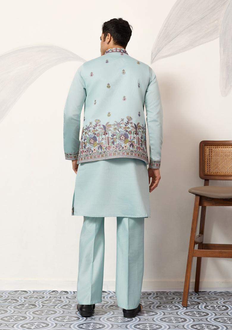 Pista Green Embroidered Silk Blend Kurta Jacket For Men - Indya