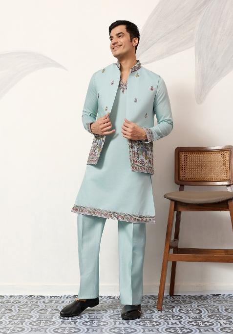 Pista Green Embroidered Silk Kurta Jacket For Men