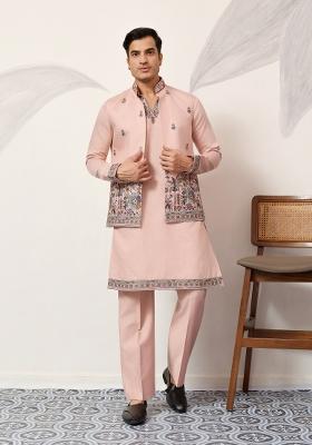 Peach Embroidered Silk Blend Kurta Jacket For Men