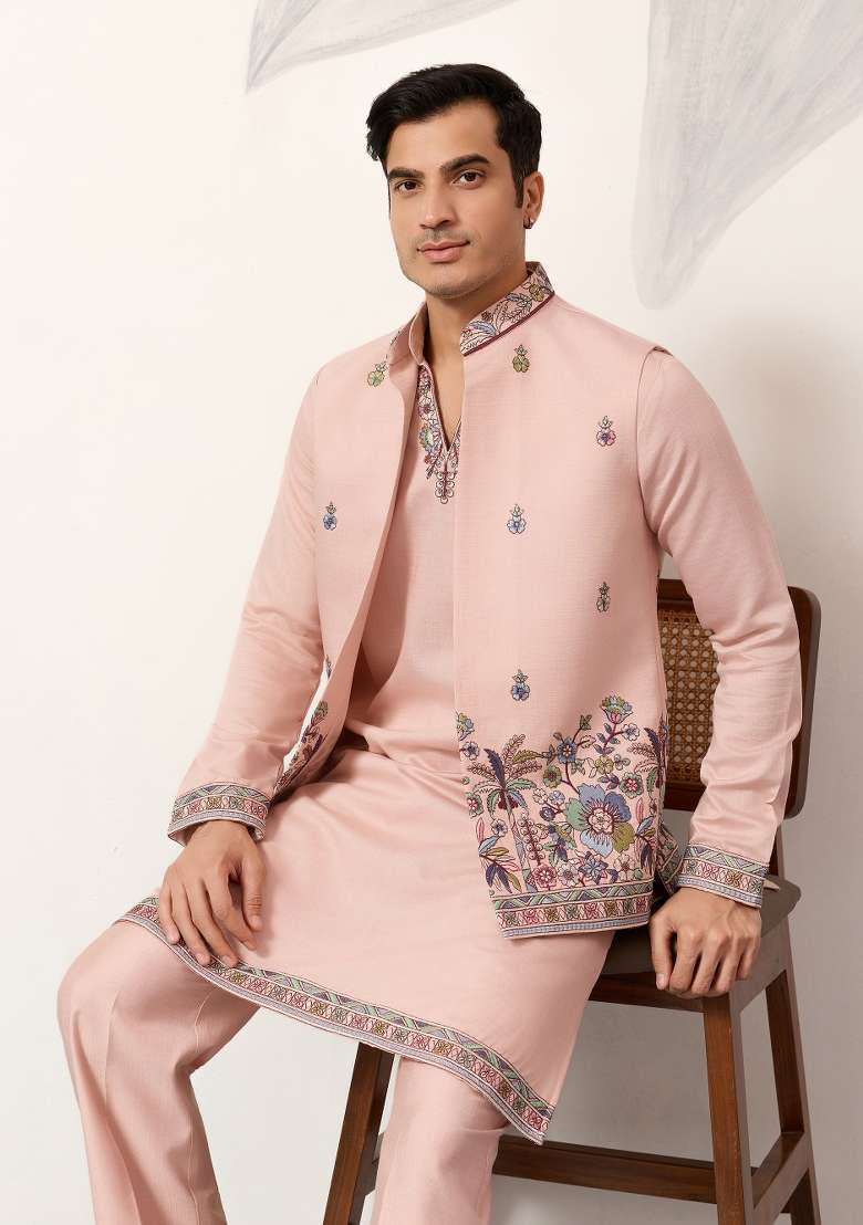Peach Embroidered Silk Blend Kurta Jacket For Men - Indya