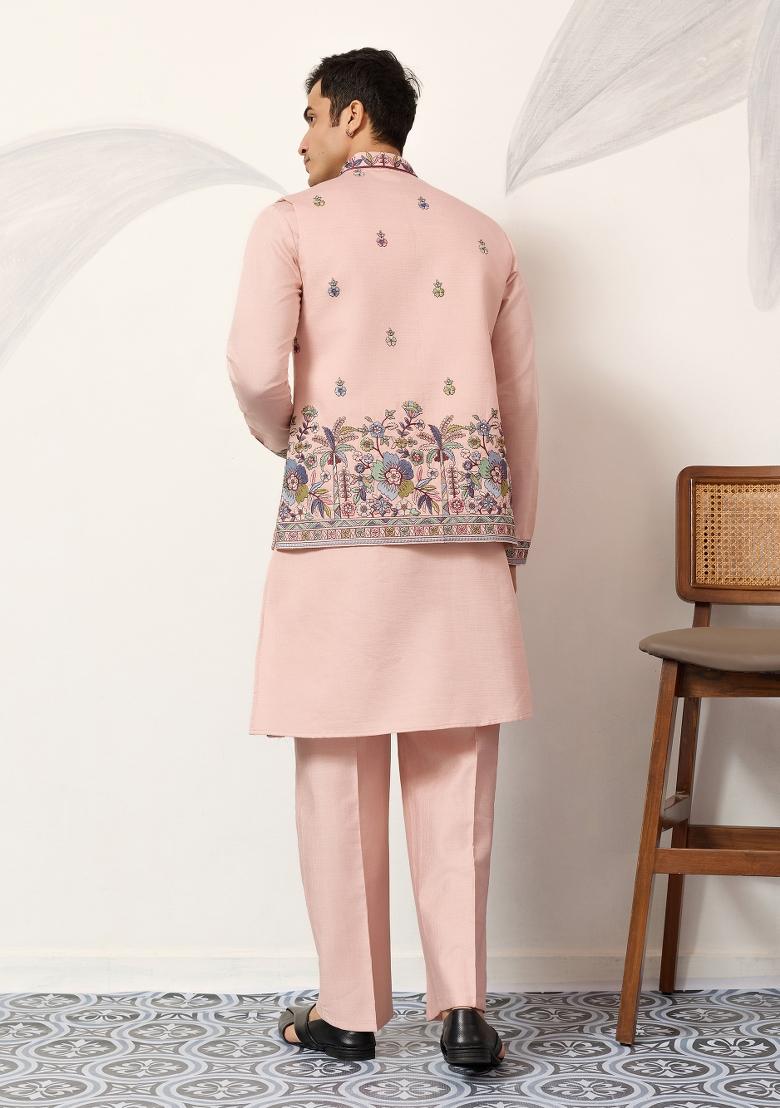 Peach Embroidered Silk Blend Kurta Jacket For Men - Indya