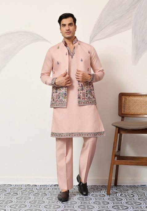 Peach Embroidered Silk Kurta Jacket For Men