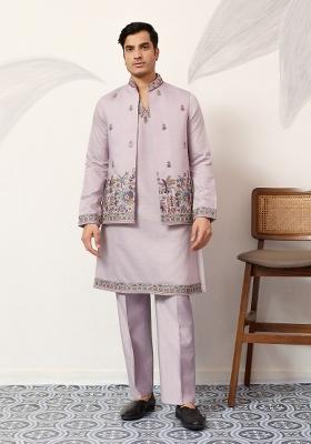 Dusty Lavender Embroidered Silk Blend Kurta Jacket For Men