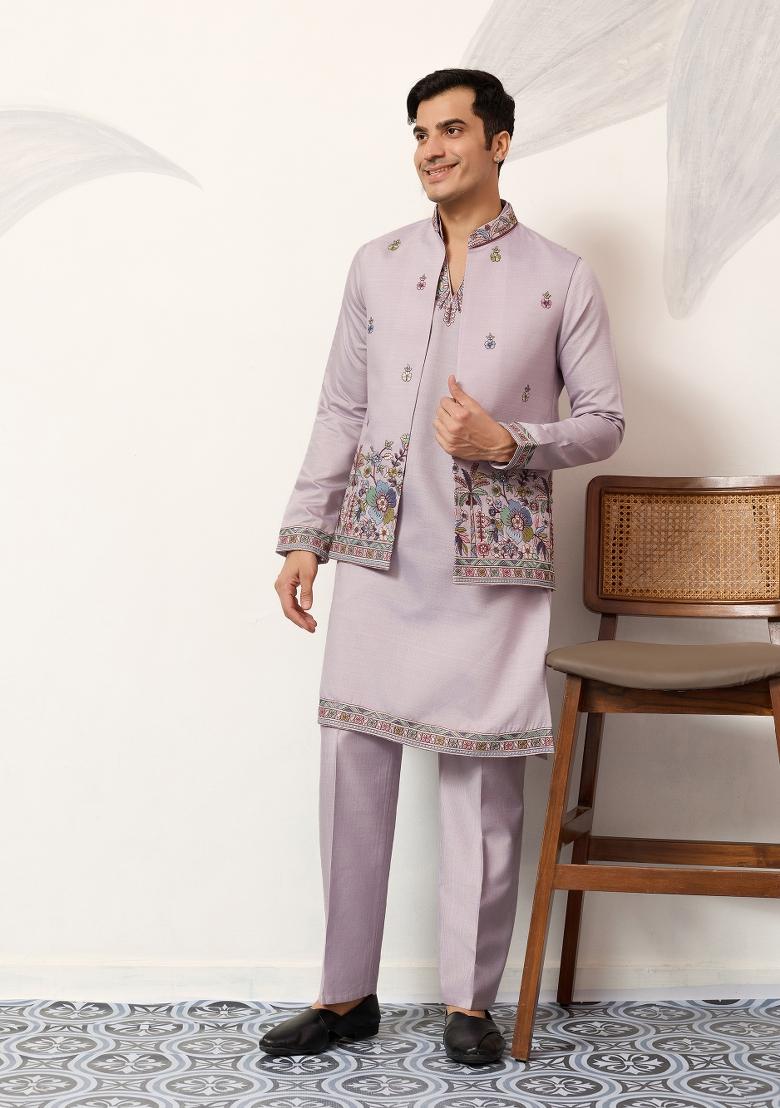 Dusty Lavender Embroidered Silk Blend Kurta Jacket For Men - Indya