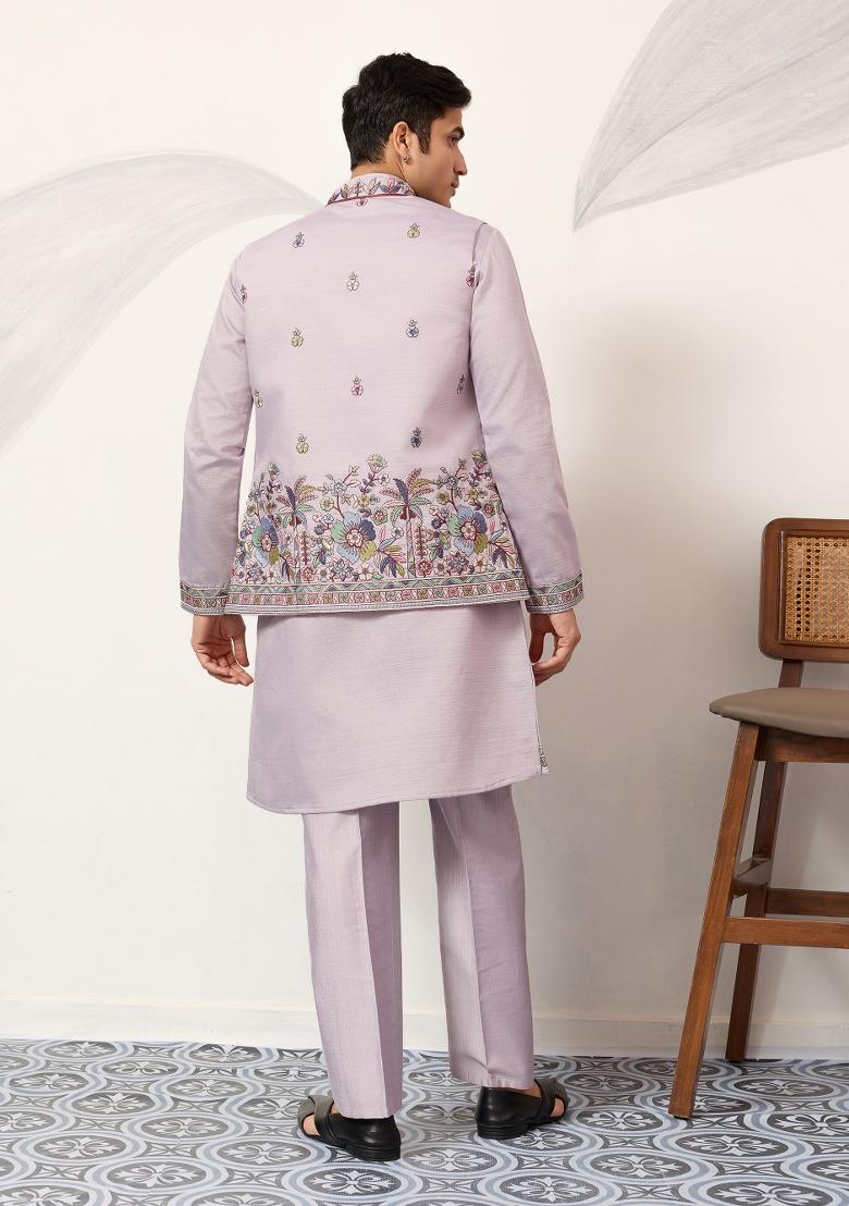 Dusty Lavender Embroidered Silk Blend Kurta Jacket For Men - Indya