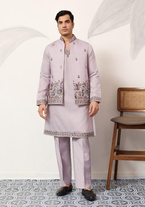 Dusty Lavender Embroidered Silk Kurta Jacket For Men