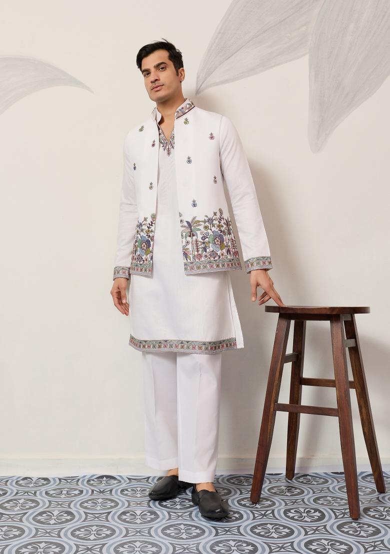 White Embroidered Silk Blend Kurta Jacket For Men - Indya