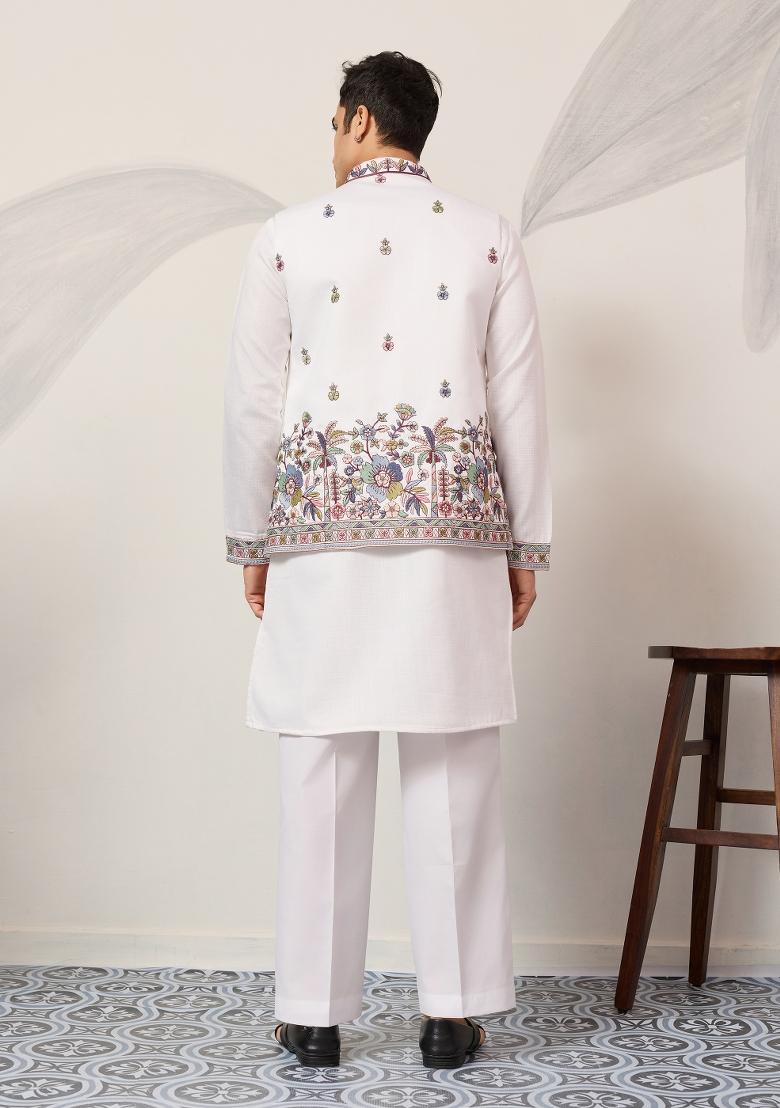 White Embroidered Silk Blend Kurta Jacket For Men - Indya