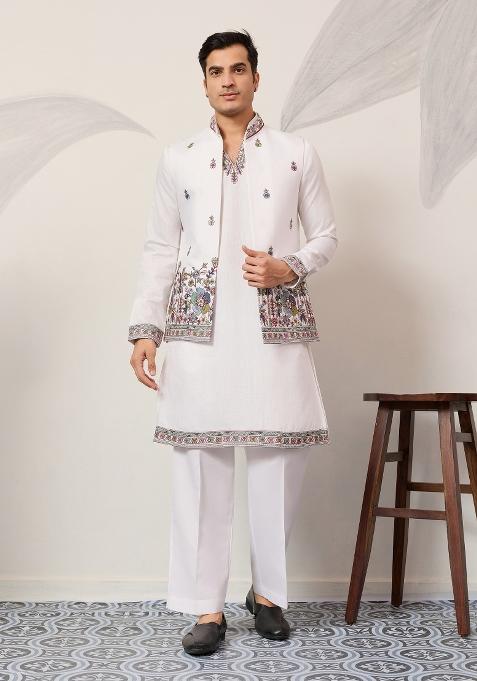 White Embroidered Silk Kurta Jacket For Men