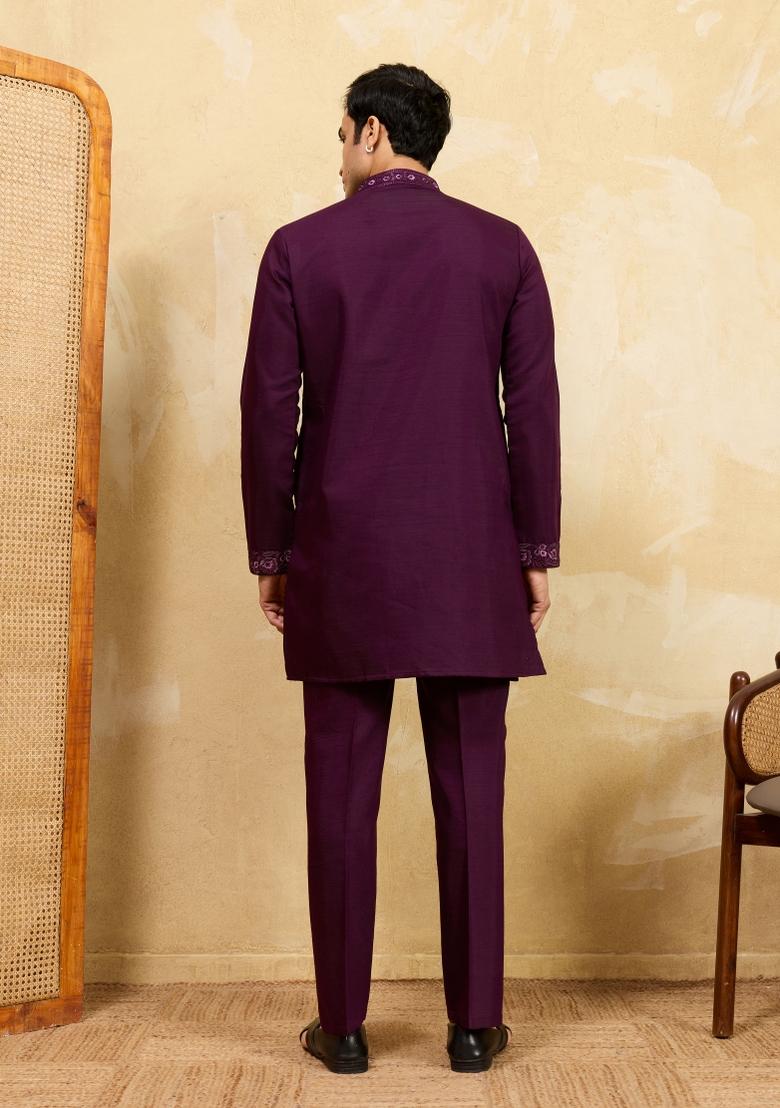 Maroon Embroidered Silk Blend Kurta With Dupatta For Men - Indya