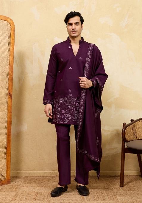 Maroon Embroidered Silk Kurta With Dupatta For Men