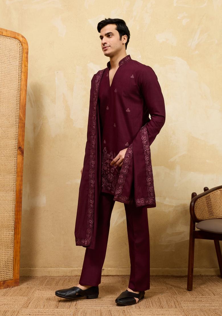 Purple Embroidered Silk Blend Kurta With Dupatta For Men - Indya