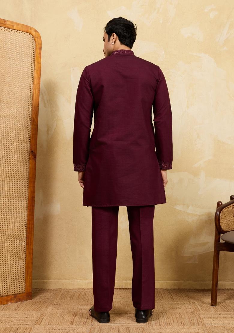Purple Embroidered Silk Blend Kurta With Dupatta For Men - Indya