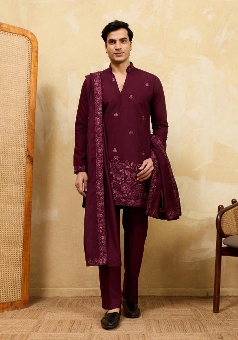 Purple Embroidered Silk Kurta With Dupatta For Men