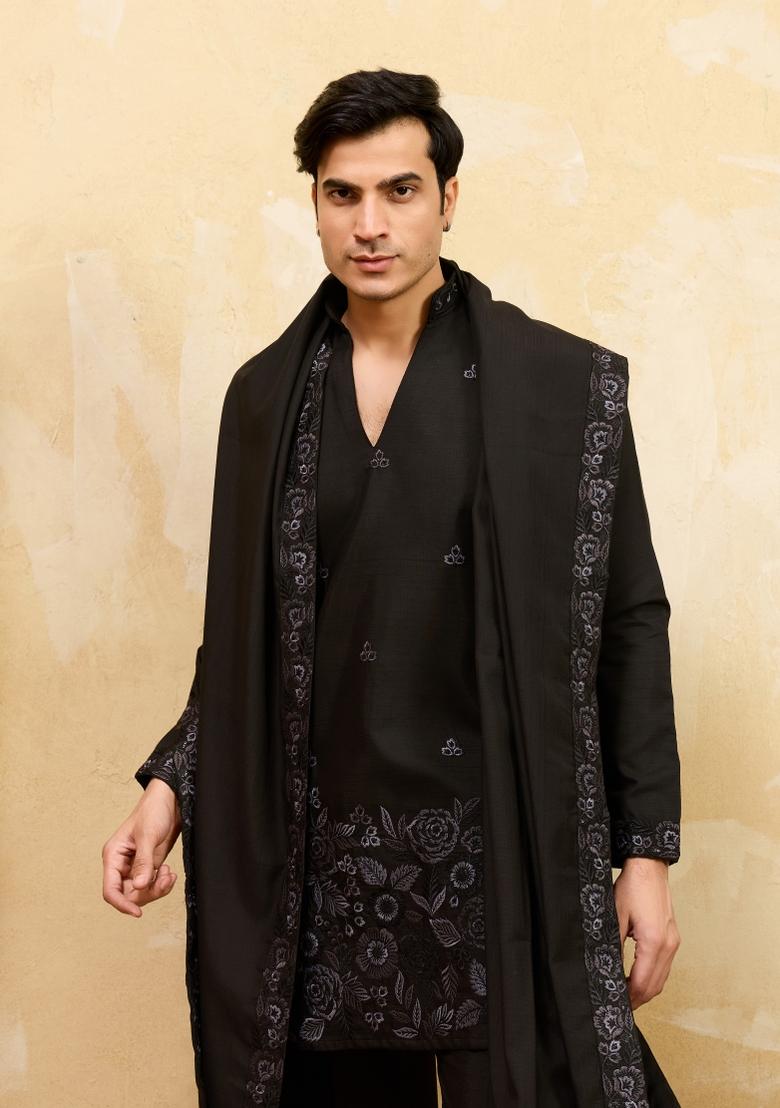 Black Embroidered Silk Blend Kurta With Dupatta For Men - Indya
