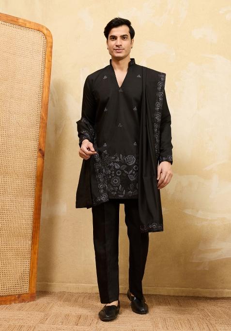 Black Embroidered Silk Kurta With Dupatta For Men