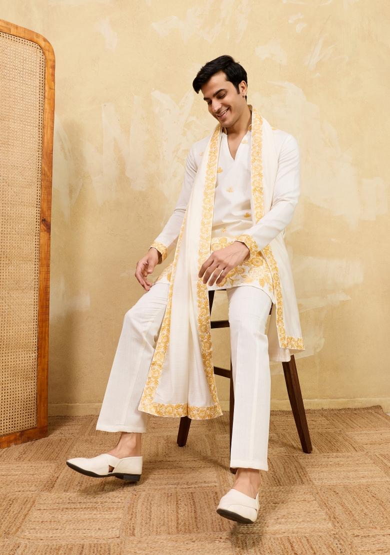 White Embroidered Silk Blend Kurta With Dupatta For Men - Indya