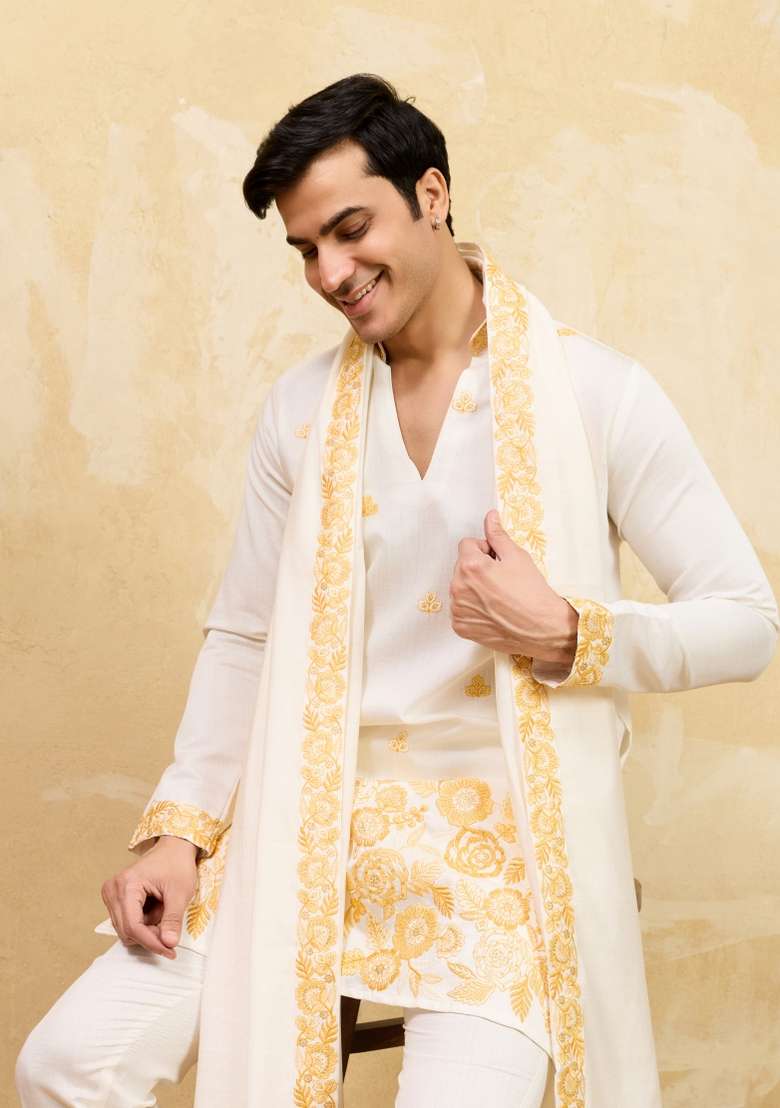 White Embroidered Silk Blend Kurta With Dupatta For Men - Indya