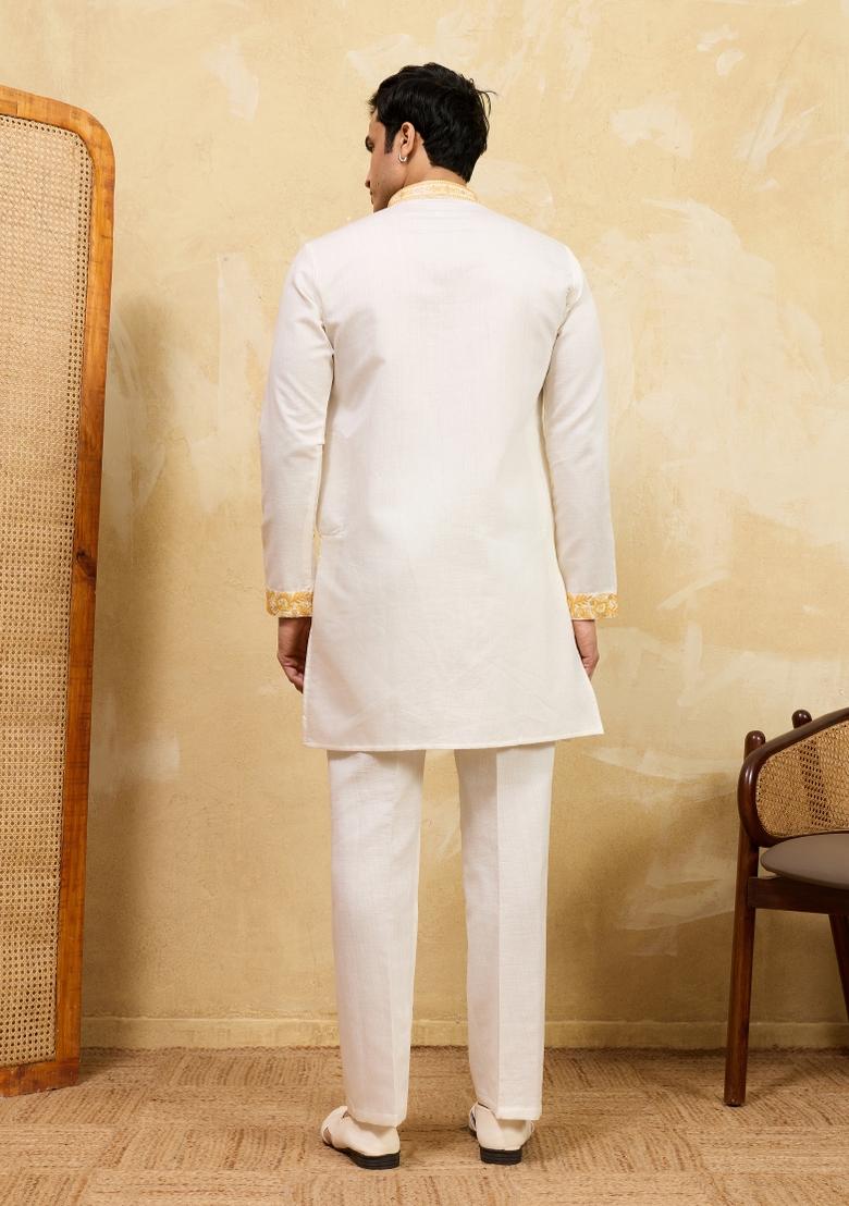 White Embroidered Silk Blend Kurta With Dupatta For Men - Indya