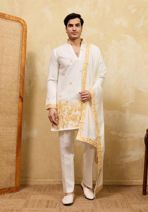 White Embroidered Silk Kurta With Dupatta For Men