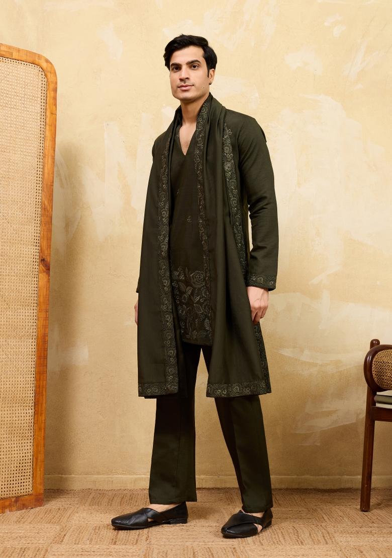 Green Embroidered Silk Blend Kurta With Dupatta For Men - Indya