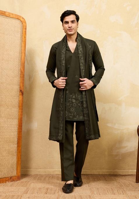 Green Embroidered Silk Kurta With Dupatta For Men