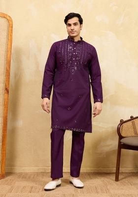 Purple Embroidered Silk Blend Kurta For Men