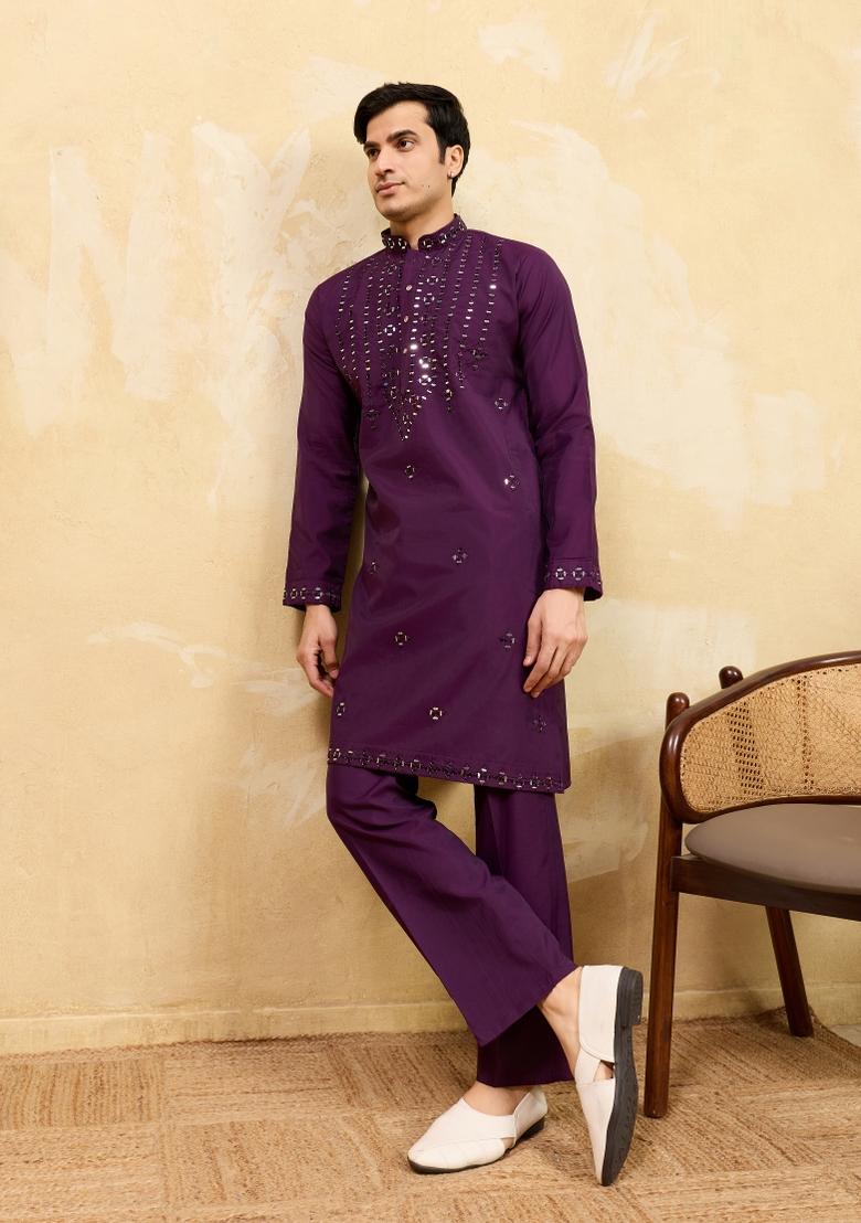 Purple Embroidered Silk Blend Kurta For Men - Indya