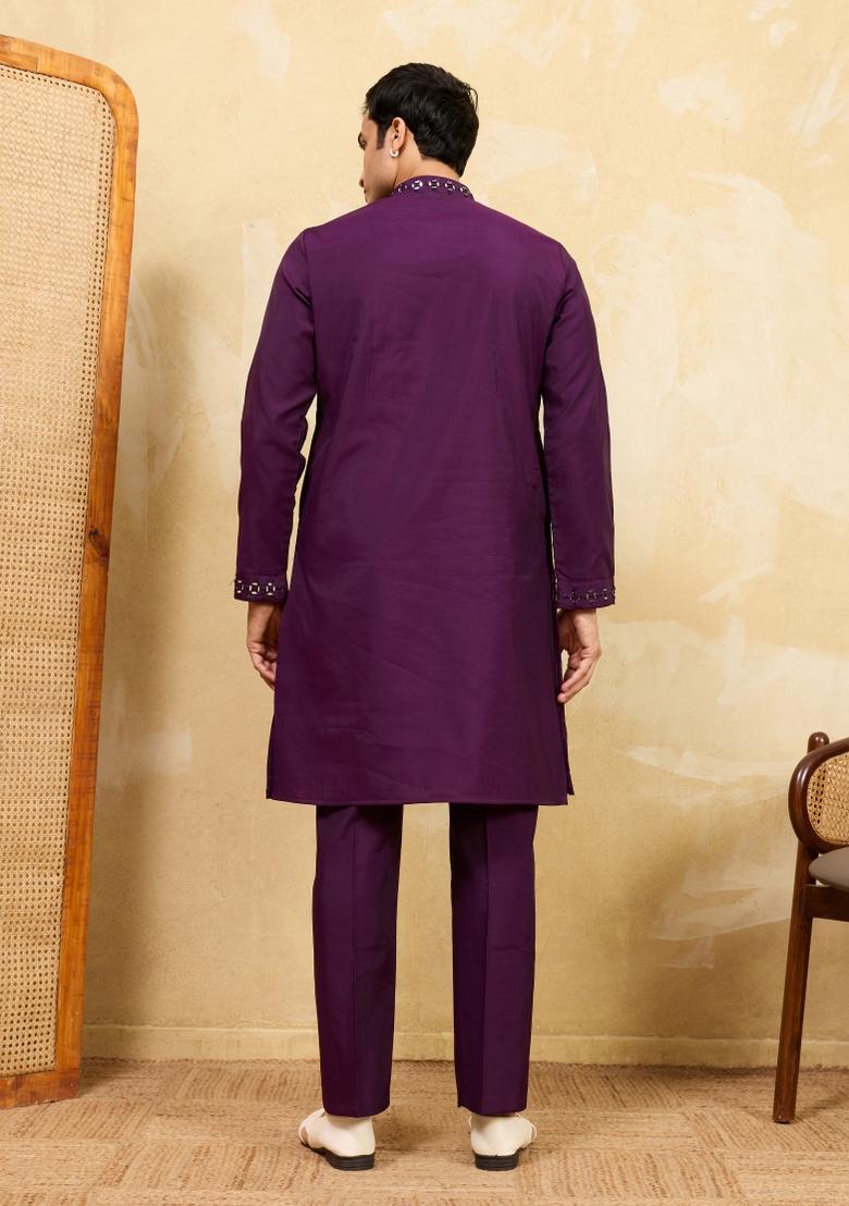 Purple Embroidered Silk Blend Kurta For Men - Indya