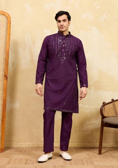 Purple Embroidered Silk Kurta For Men