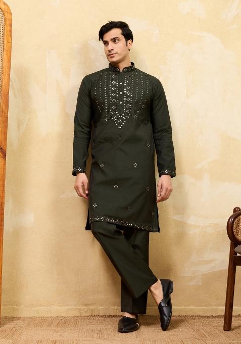 Green Embroidered Silk Kurta For Men