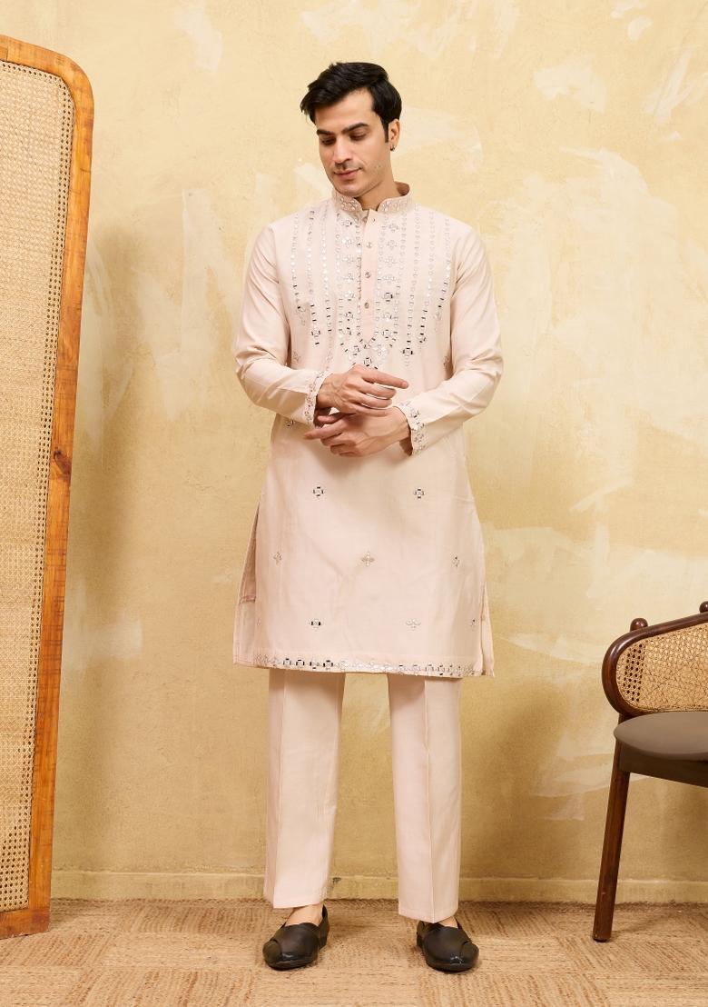 Beige Embroidered Silk Blend Kurta For Men - Indya