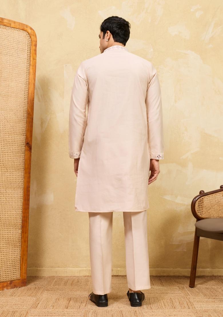 Beige Embroidered Silk Blend Kurta For Men - Indya