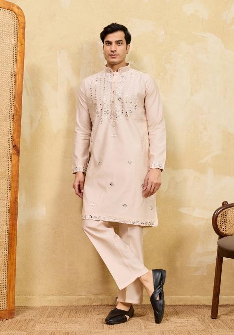 Beige Embroidered Silk Kurta For Men