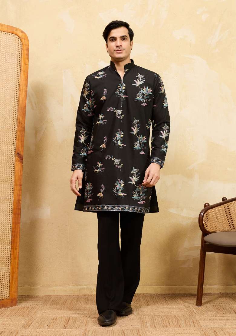 Black Embroidered Silk Blend Kurta For Men - Indya