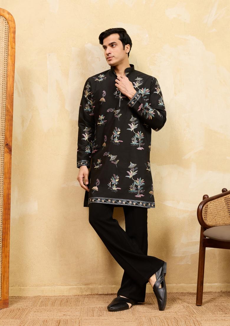 Black Embroidered Silk Blend Kurta For Men - Indya