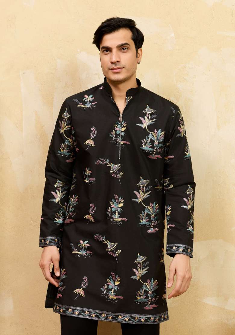 Black Embroidered Silk Blend Kurta For Men - Indya