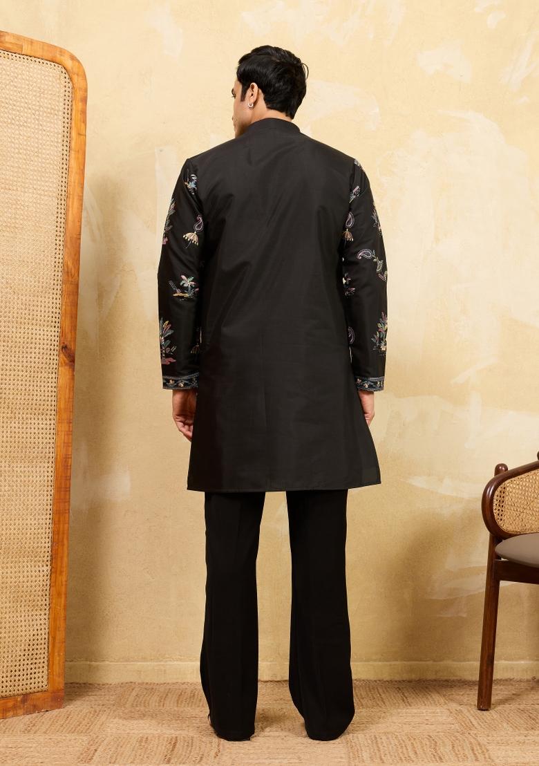 Black Embroidered Silk Blend Kurta For Men - Indya