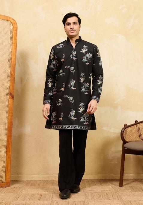 Black Embroidered Silk Kurta For Men