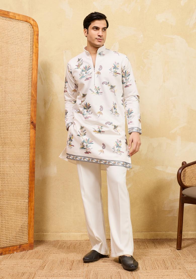 White Embroidered Silk Blend Kurta For Men - Indya