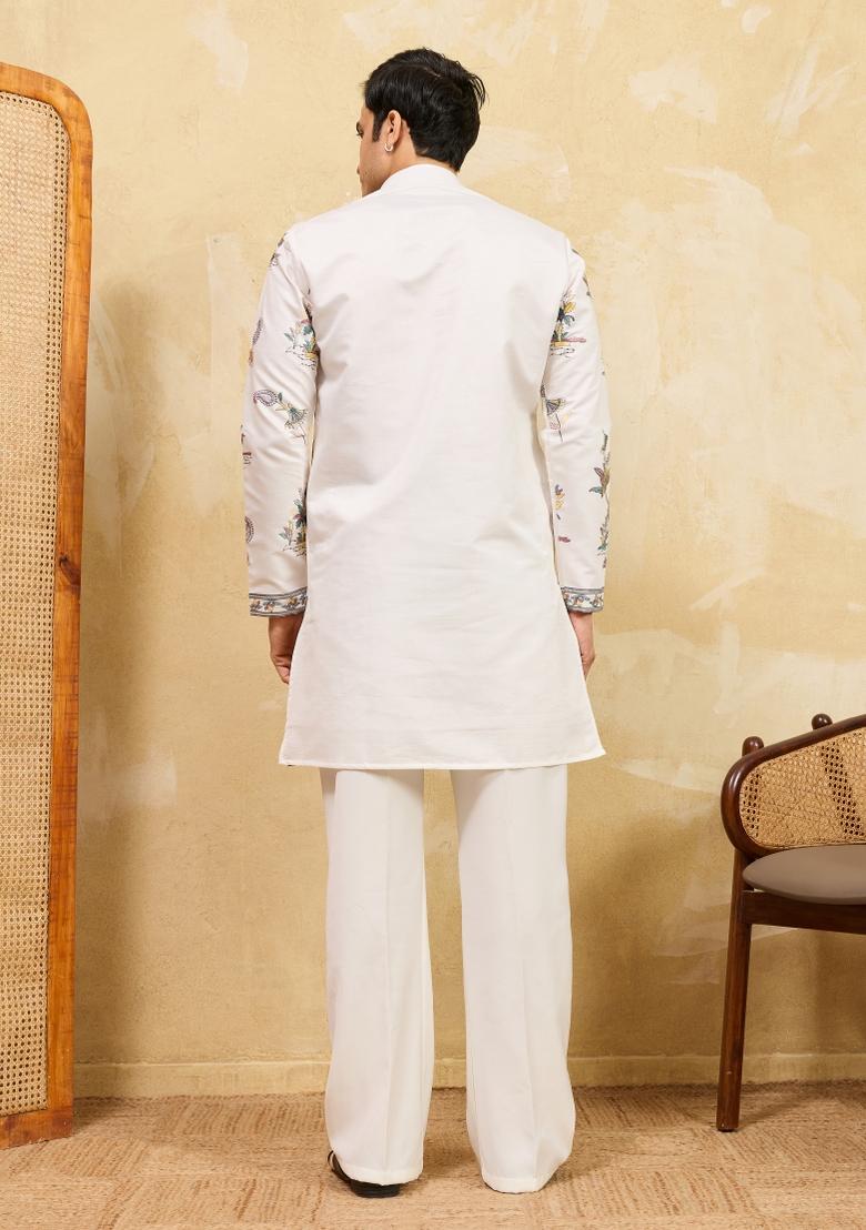 White Embroidered Silk Blend Kurta For Men - Indya