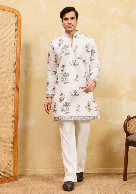 White Embroidered Silk Kurta For Men
