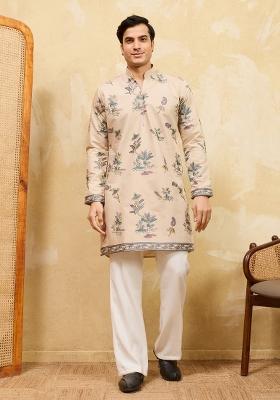Beige Embroidered Silk Blend Kurta For Men