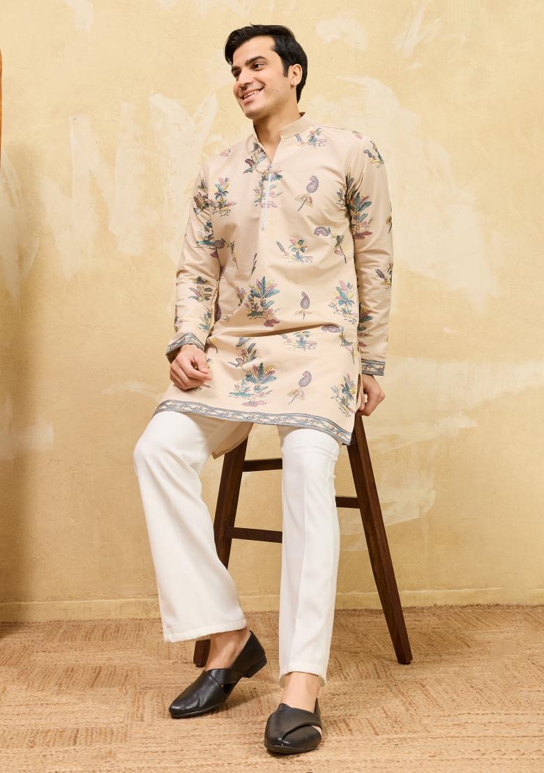 Beige Embroidered Silk Blend Kurta For Men - Indya