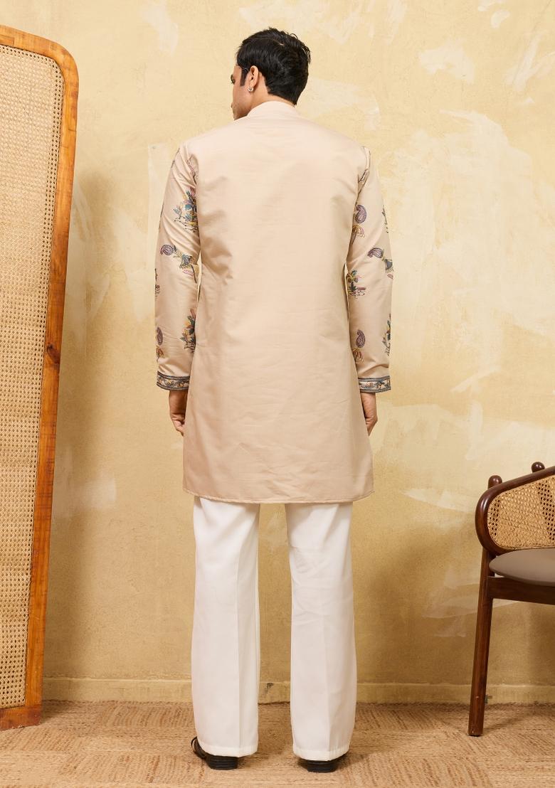 Beige Embroidered Silk Blend Kurta For Men - Indya