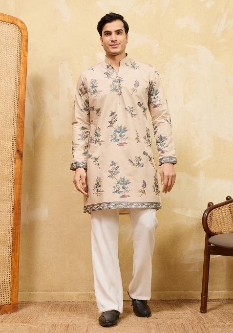 Beige Embroidered Silk Kurta For Men